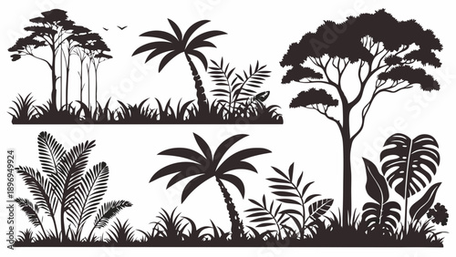 Tropical Jungle Silhouette Set Exotic Palm Trees and Lush Foliage for Travel Web Design Nature Backgrounds