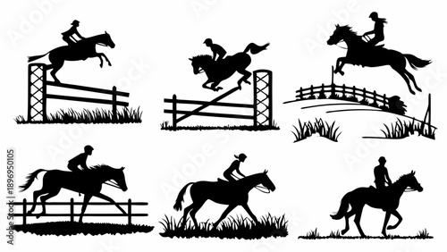 Equestrian Show Jumping Silhouettes Horseback Riding Sports Icons for Equestrian Event Flyers and Stable Websites
