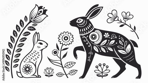 Folk Art Rabbits and Flowers Illustration for Easter Spring Holiday Greeting Cards and Textile Prints