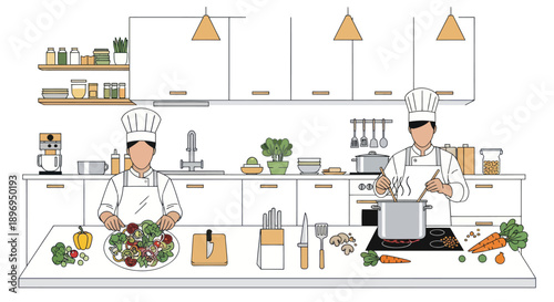 Two professional chefs in uniform cooking together in a modern commercial kitchen illustration.