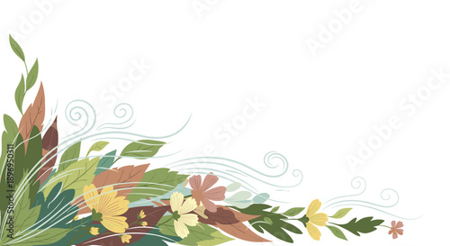 Seasonal Allergy Floral Background with Airflow Lines, Leaves and Pollen Illustrating Spring Allergy Concept and Clean Copy Space