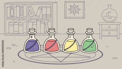 Mystical Potion Brewing Alchemy Lab Setup for Fantasy Game Design or Occult Website Background