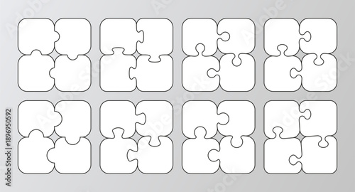 4 Puzzle pieces schemes collection. Simple mosaic background for thinking game with separate details. Jigsaw grids set. Cutting template. Vector illustration.