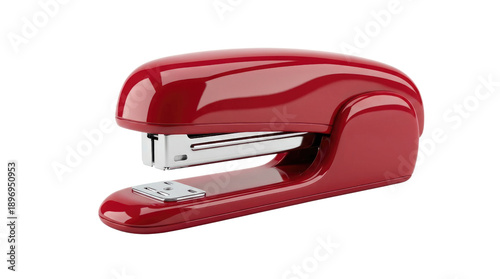 A shiny red stapler with metal staples is visible in the image, placed at an angle on a flat surface, solid white background and no background