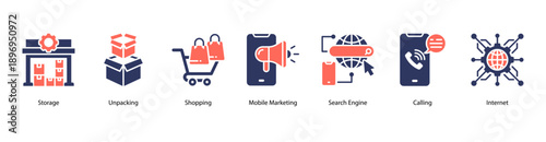 Digital Retail Engagement web banner icon vector illustration featuring Storage, Unpacking, Shopping, Mobile Marketing, Search Engine, Calling, and Internet.