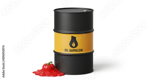 Black metal oil barrel with yellow label and red liquid spill.