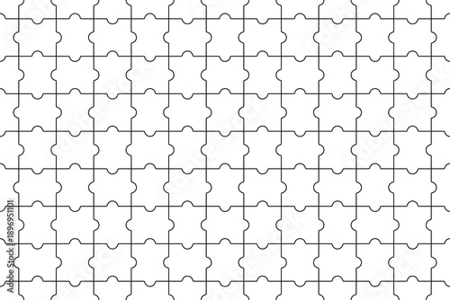 Puzzle seamless grid. Jigsaw wrapping pattern. Thinking game template. Simple mosaic layout with separate shapes. Modern puzzle background. Laser cut frame. Vector illustration.