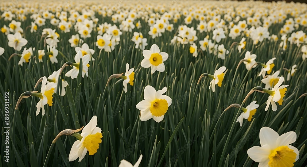 Fototapeta premium Vibrant daffodils in a lush green field swaying gently in the sunlight natural spring landscape