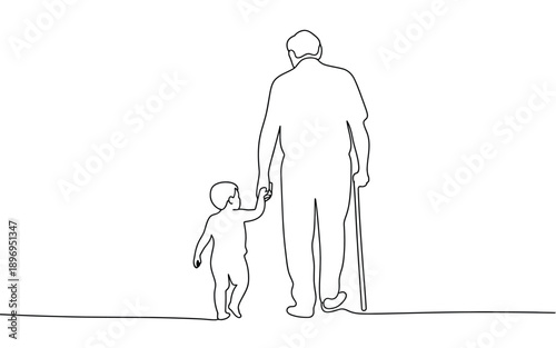 Grandfather and child walking hand in hand, continuous line art