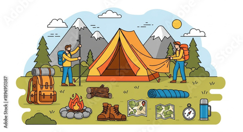 Camping adventure with tent backpack sleeping bag and campfire.