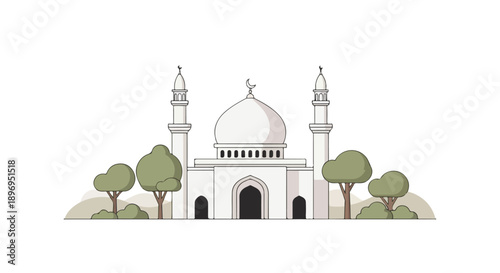 Illustration of a white mosque with a large central dome and two minarets surrounded by trees on a plain background.