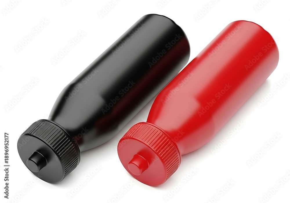 Fototapeta premium Black and Red Squeeze Bottles on White Background - Condiment Containers