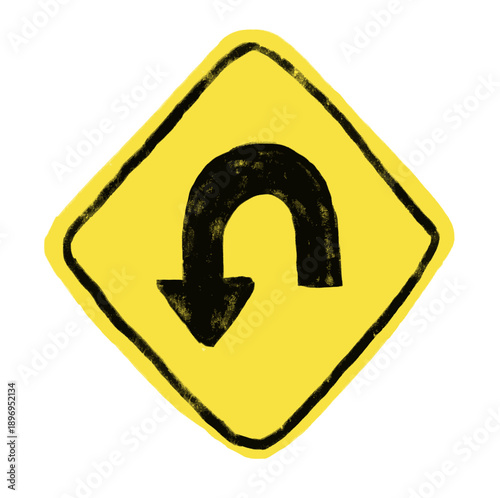 Cute hand drawn doodle watercolor crayon turn back driving allowed icon in yellow traffic transportation road sign kids nursery sticker illustration