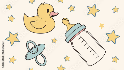 Cute Baby Shower Background with Rubber Duck Pacifier and Milk Bottle Seamless Pattern for Nursery Decor and Newborn Invitations