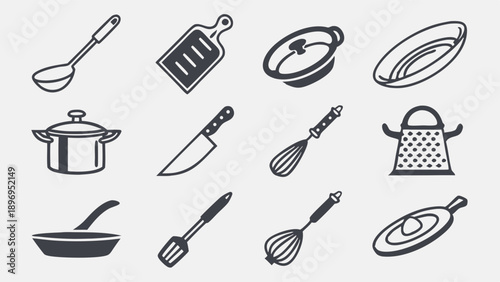 Essential Kitchen Utensils and Cookware Icons for Recipe Websites Food Blogs Restaurant Menus Cooking Classes Simple Vector Graphics