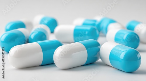 Group of Blue and White Capsule Pills Pharmacy Medication Healthcare Treatment Antibiotics Pharmaceutical Medicine Antibacterial Drugs Painkillers Remedy Medical Concept Cure