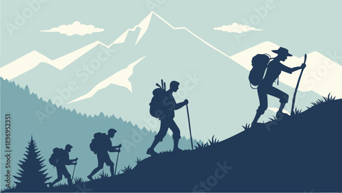 Hikers Ascending Steep Mountain Slope Silhouette Progression for Adventure Travel Web Design and Outdoor Fitness Goals
