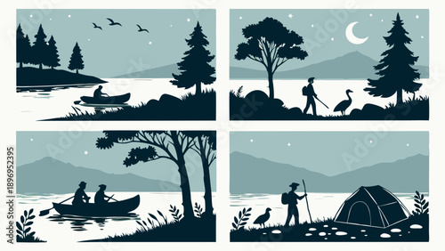 Outdoor Adventure Silhouettes Kayaking Camping Hiking Nature Travel Scenes for Summer Vacation Brochures and Website Banners