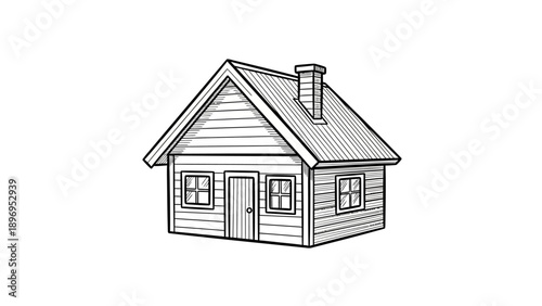 Detailed Black and White Hand-Drawn Cottage Illustration with Chimney