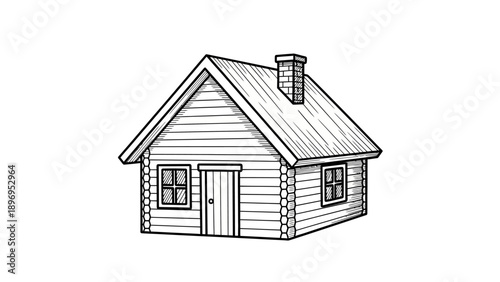 Detailed Black and White Sketch of a Rustic Log Cabin