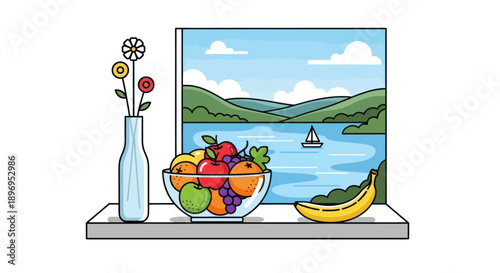 Colorful Fruit Bowl and Flowers on Window Sill with Scenic View.