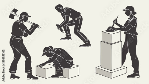 Stonemason Craftsmanship Building Monument Sculpting Stone Blocks with Hammer and Chisel for Memorial Design Projects