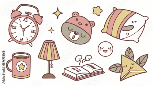 Cozy Bedtime Routine Icons for Sleep App Design Relaxation Blog or Nursery Decor