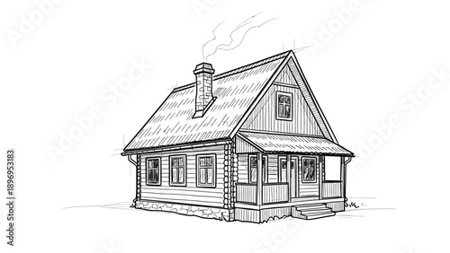 Detailed Black and White Sketch of a Cozy Wooden Cottage with Chimney