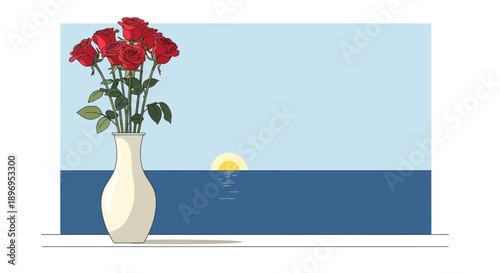 A bouquet of vibrant red roses in a white vase against a serene backdrop.