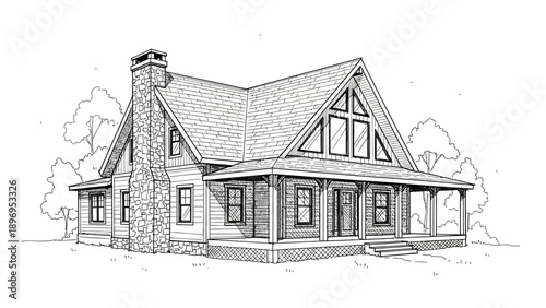 Detailed Black and White Architectural Illustration of a Cozy Cabin