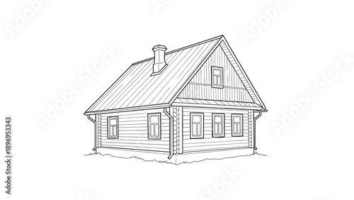 Detailed Black and White Line Art Illustration of a Wooden House