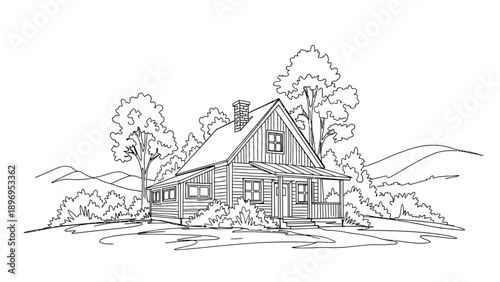 Detailed Black and White Line Art Illustration of a Cozy Wooden House