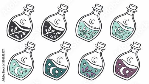 Witchcraft Potion Bottles Set Mystical Elixirs Magic Ingredients for Occult Design Packaging Web Graphics