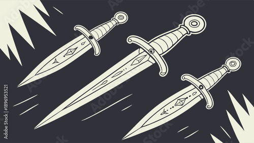 Three Throwing Daggers Flying Fast Dynamic Graphic for Gaming App Icon or Secret Mission Web Design Element