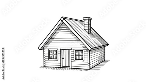 Detailed Black and White Line Art Illustration of a Simple House