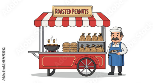 Cartoon Roasted Peanuts Vendor with Cart and Peanuts Bags.