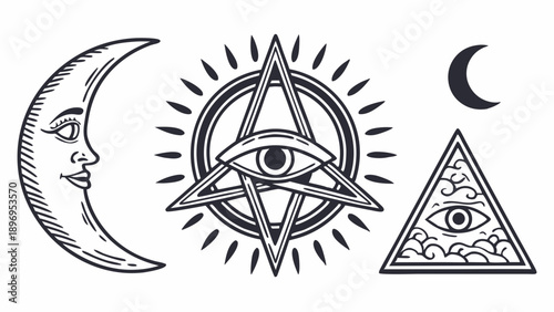 Esoteric Occult Symbols Moon Eye of Providence Pyramid Mystical Tattoo Design for Spiritual Branding and Mystic Web Graphics