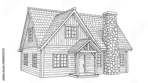 Detailed Black and White Cabin Illustration with Stone Chimney and Windows