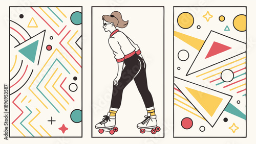 Retro Roller Skating Girl with 80s Memphis Pattern for Nostalgic Sport Event Promotion or Vintage Web Design