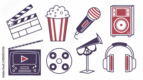 Film Production Media Entertainment Icons Set for Movie Night Advertising Web Design Audio Visual Fun
