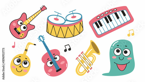 Cute Cartoon Musical Instruments and Fun Monster for Kids Education Music Learning App Design