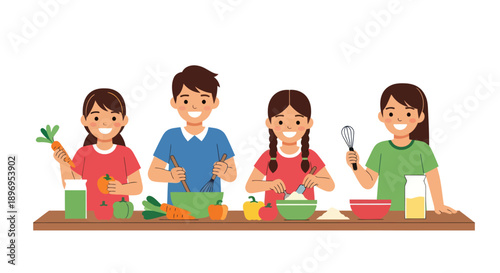 Cheerful Children Cooking Together with Kitchen Utensils and Ingredients.