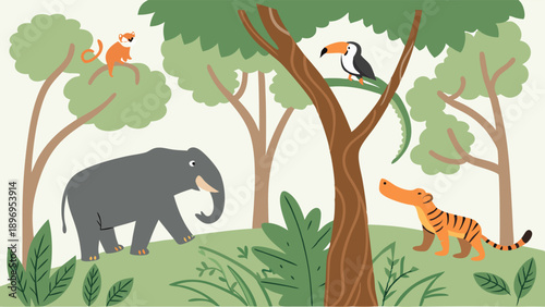 Vibrant Jungle Scene with Elephant Monkey Tiger Toucan and Crocodile for Children's Book Illustration or Educational Website Design