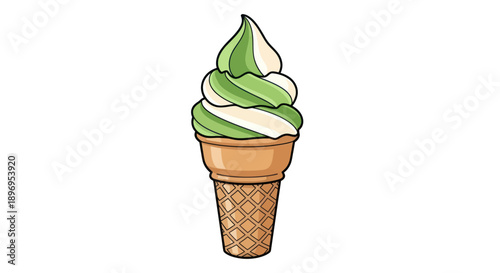 Swirled Green and White Soft Serve Ice Cream Cone.