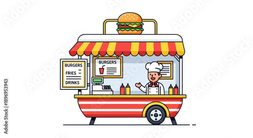 Cheerful Chef Serving Delicious Burgers from a Colorful Food Truck.
