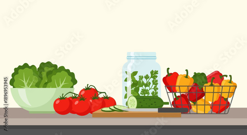 Fresh Vegetables and Ingredients Arranged on a Tabletop.