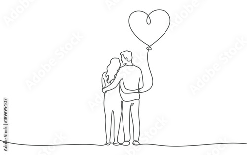 Couple with heart balloon, love and dreams, line art illustration