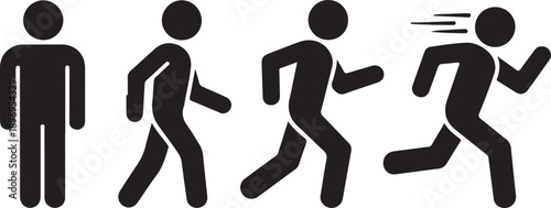 Man stands, walk and run icon set. People symbol. Person standing, walking and running illustration. Run, walk, stand. Vector illustration