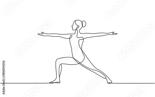 Woman in warrior yoga pose, flexible and strong, line art