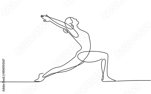 Woman practicing yoga warrior pose, continuous line art illustration